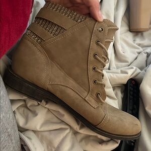 JustFab Taupe Lace-Up Ankle Boots with Knit Collar